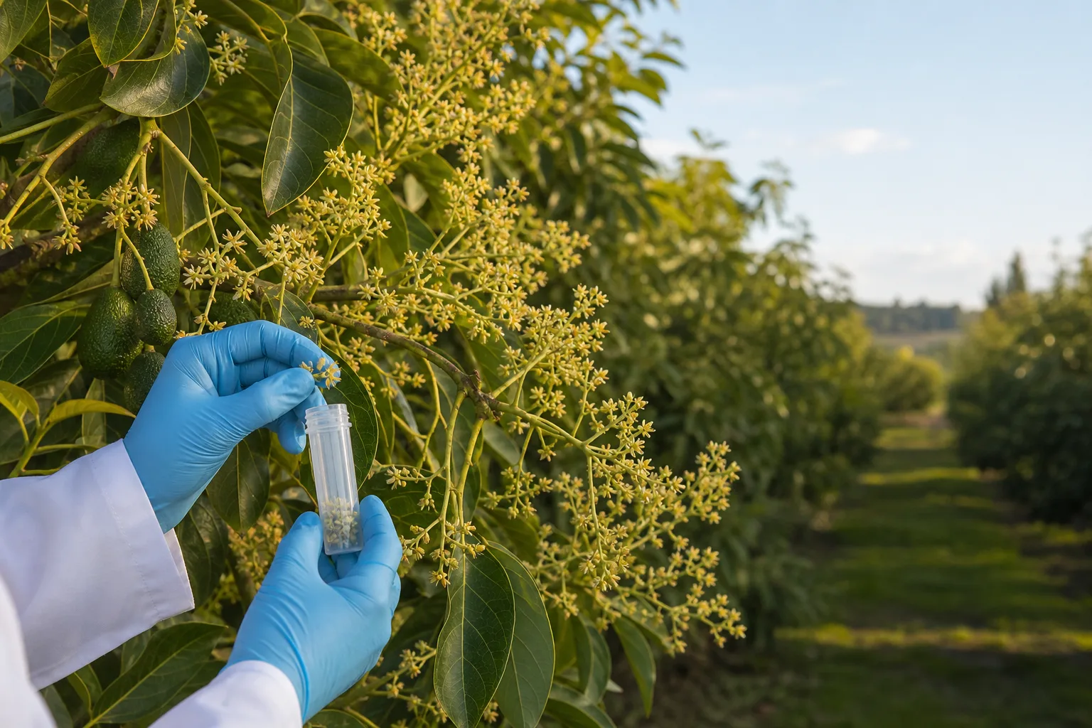 Toma de flores de aguacate para analizar la viabilidad del polen y la fertilidad