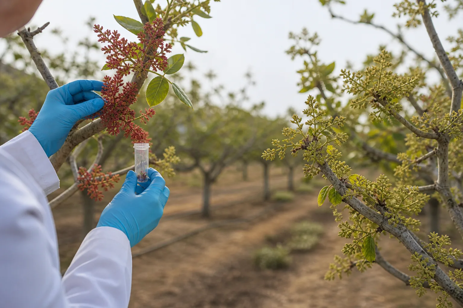 Muestreo de flores de árboles macho y hembra para estudiar la fertilidad del pistacho