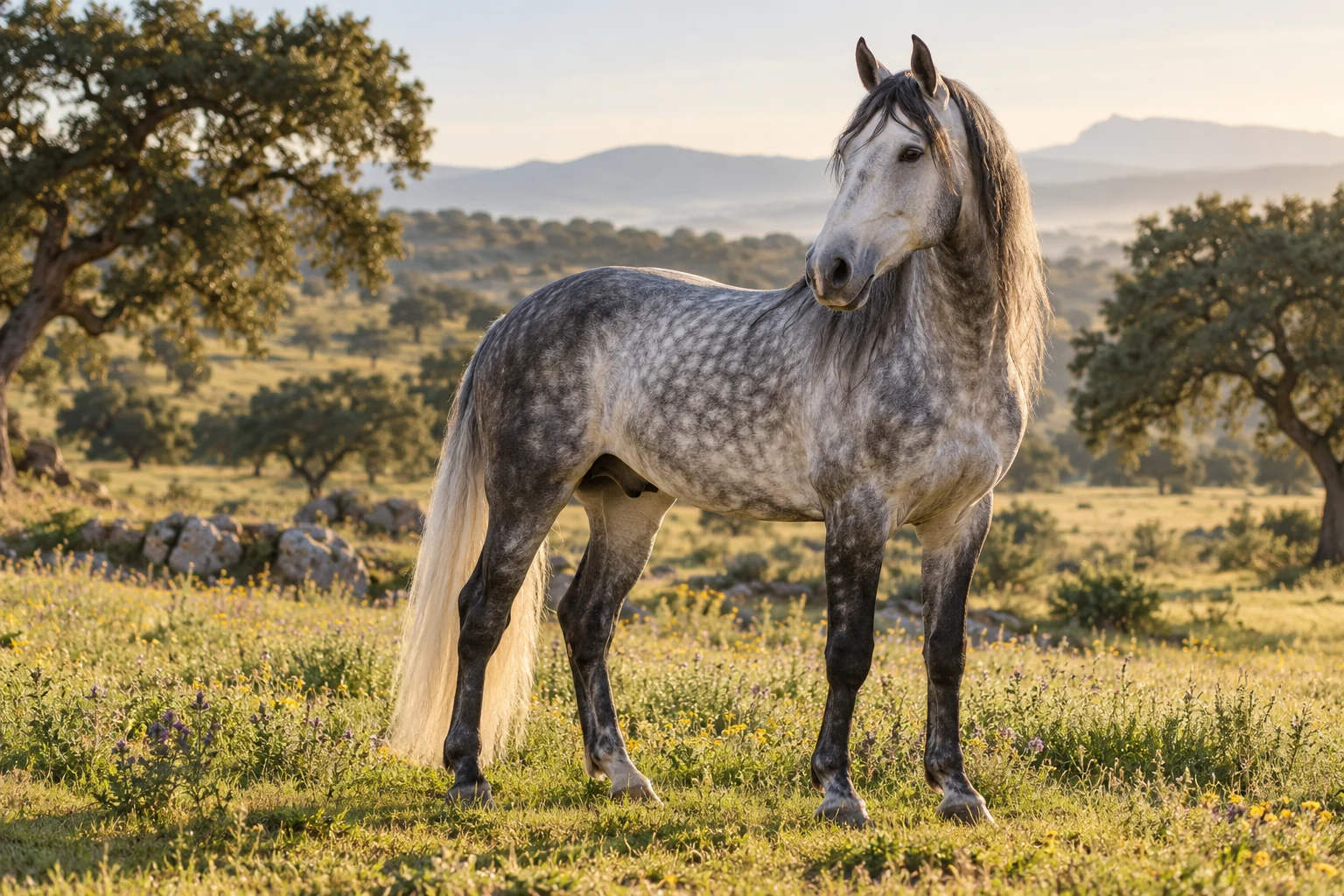 Caballo tordo rodado en una dehesa al amanecer