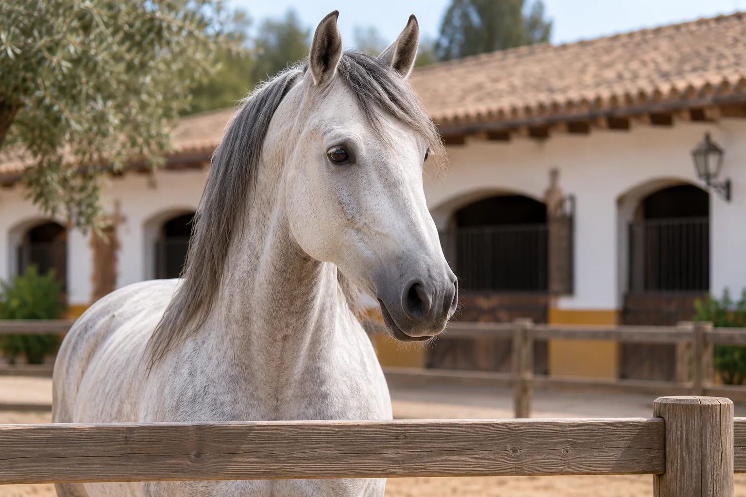 Caballo tordo claro junto a una valla en un centro ecuestre