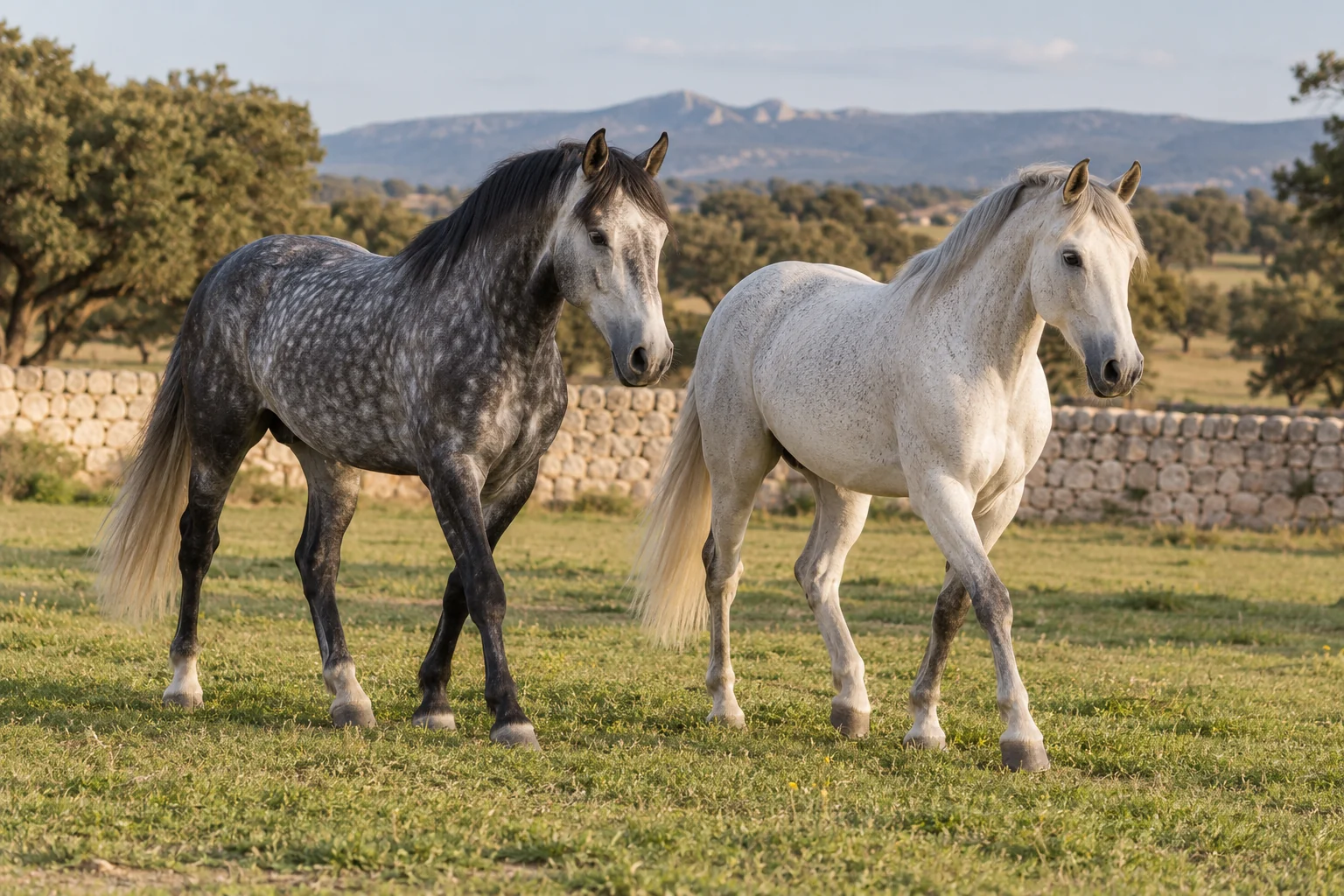 Dos caballos tordos con distinta intensidad de encanecimiento