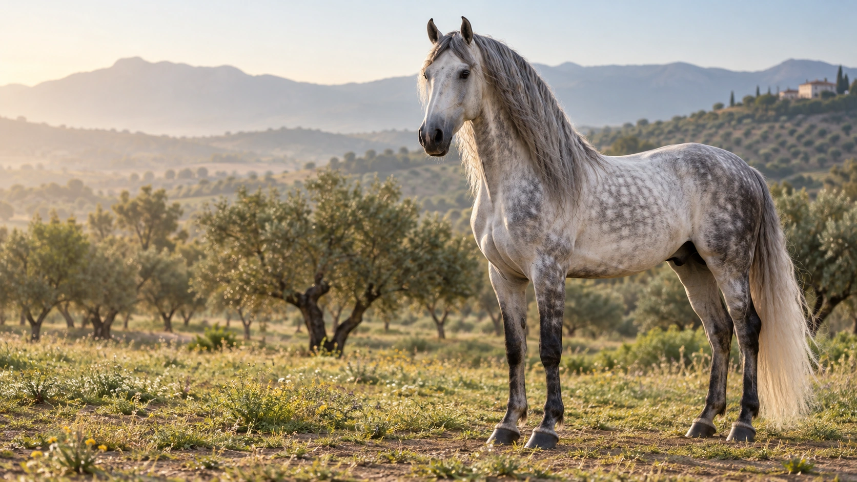 Caballo PRE tordo en un paisaje de campo andaluz