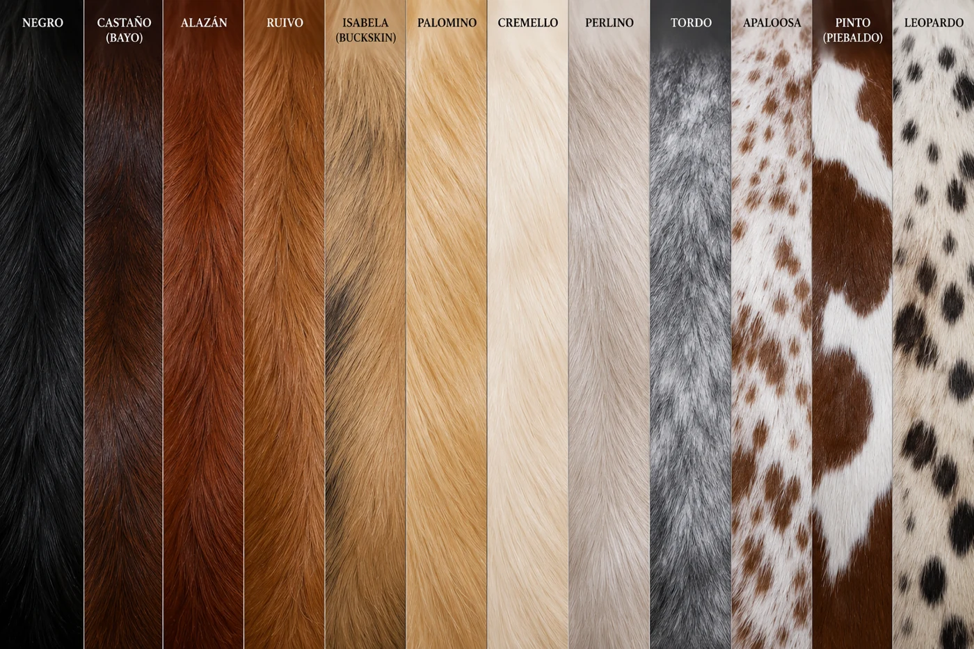 Ilustración comparativa de colores y patrones del pelo del caballo, desde capas oscuras hasta diluciones claras y manchas blancas